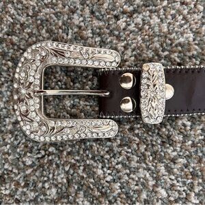 Western Crystal Buckle Dark Brown Leather Belt